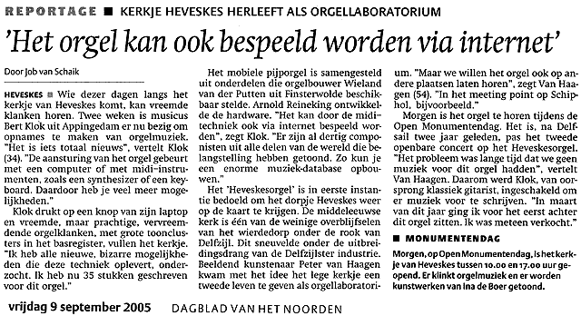 Dagblad van het Noorden : kerkje Heveskes herleeft als orgellaboratorium